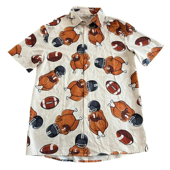 Mokaloha Men's Thanksgiving Fun Turkey Football Print Short Sleeve Button Down - Picture 3 of 7
